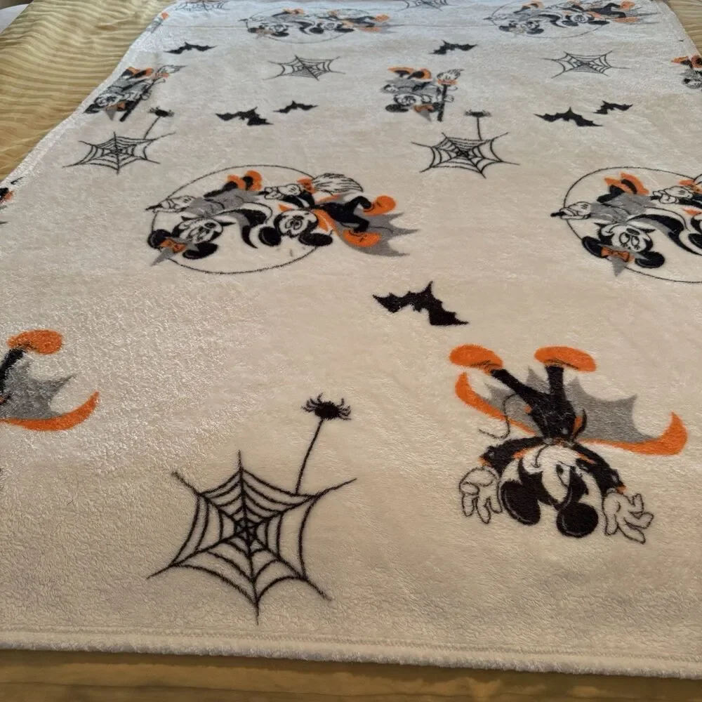 Disney Mickey Mouse Halloween Blanket Bats Spiderwebs Orange Gray 50x60 Throw